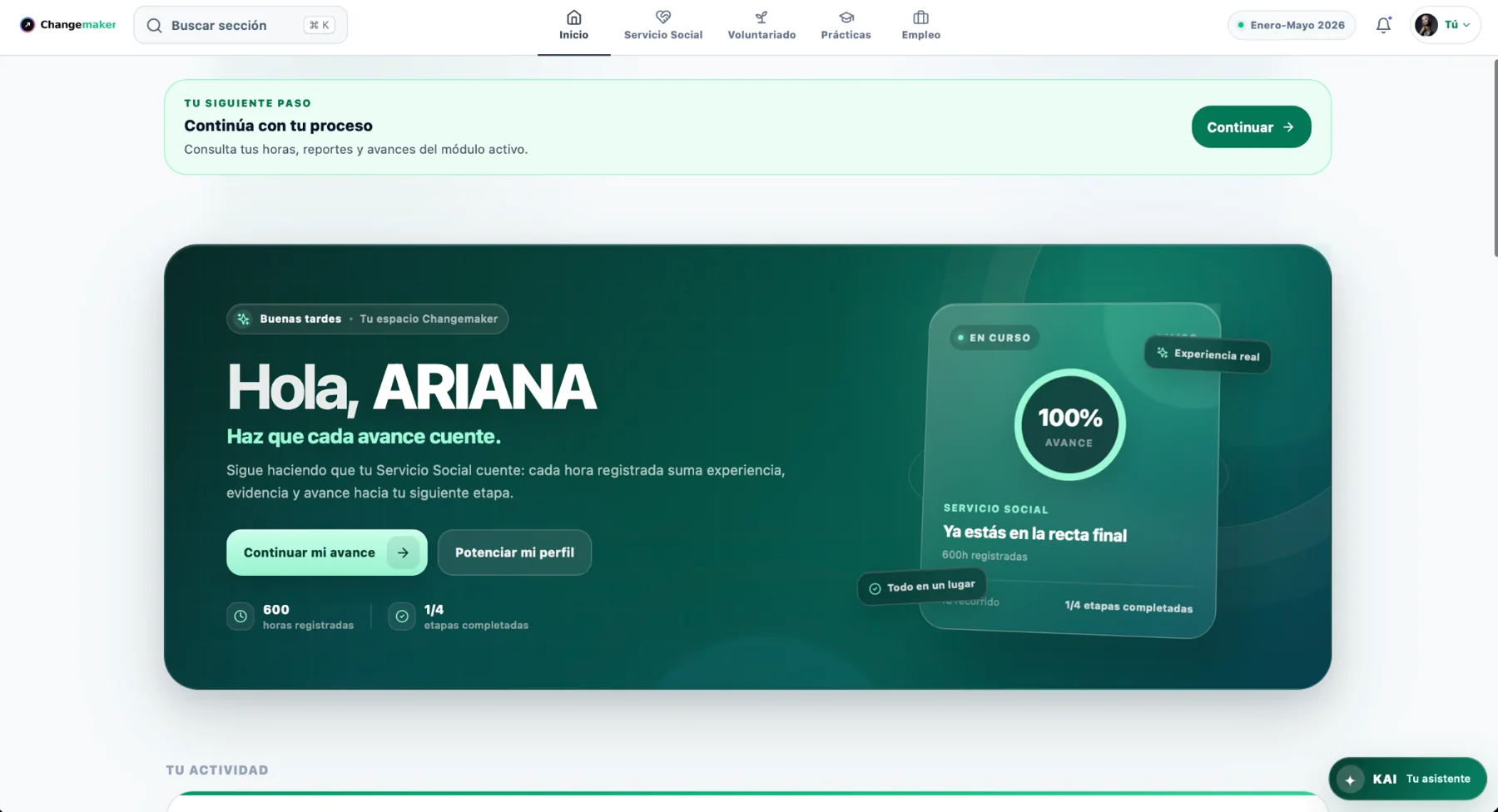Captura de la pantalla de inicio de Changemaker, con resumen de avance y próximo paso.