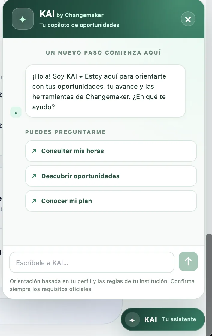 Captura real de KAI, el asistente de Changemaker y sus sugerencias de consulta.