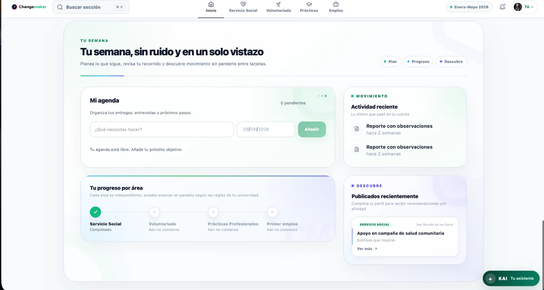 Captura real de la agenda de Changemaker y progreso por área.